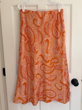 1.STATE Orange Pink Paisley Print Satin Midi Skirt Lined Size 12